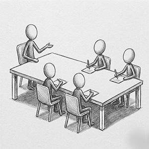 Ein Kursleiter und vier Teilnehmer sitzen an einem Tisch in einem Seminar