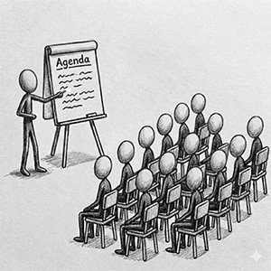 Ein Kursleiter steht an einem Flipchart und eine Gruppe von Teilnehmern hört zu.