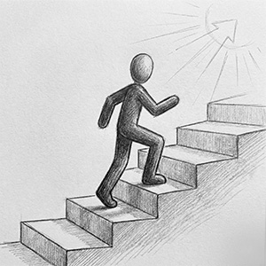 Ein Mensch steigt eine Treppe hinauf als Sinnbild für berufliches Vorankommen.